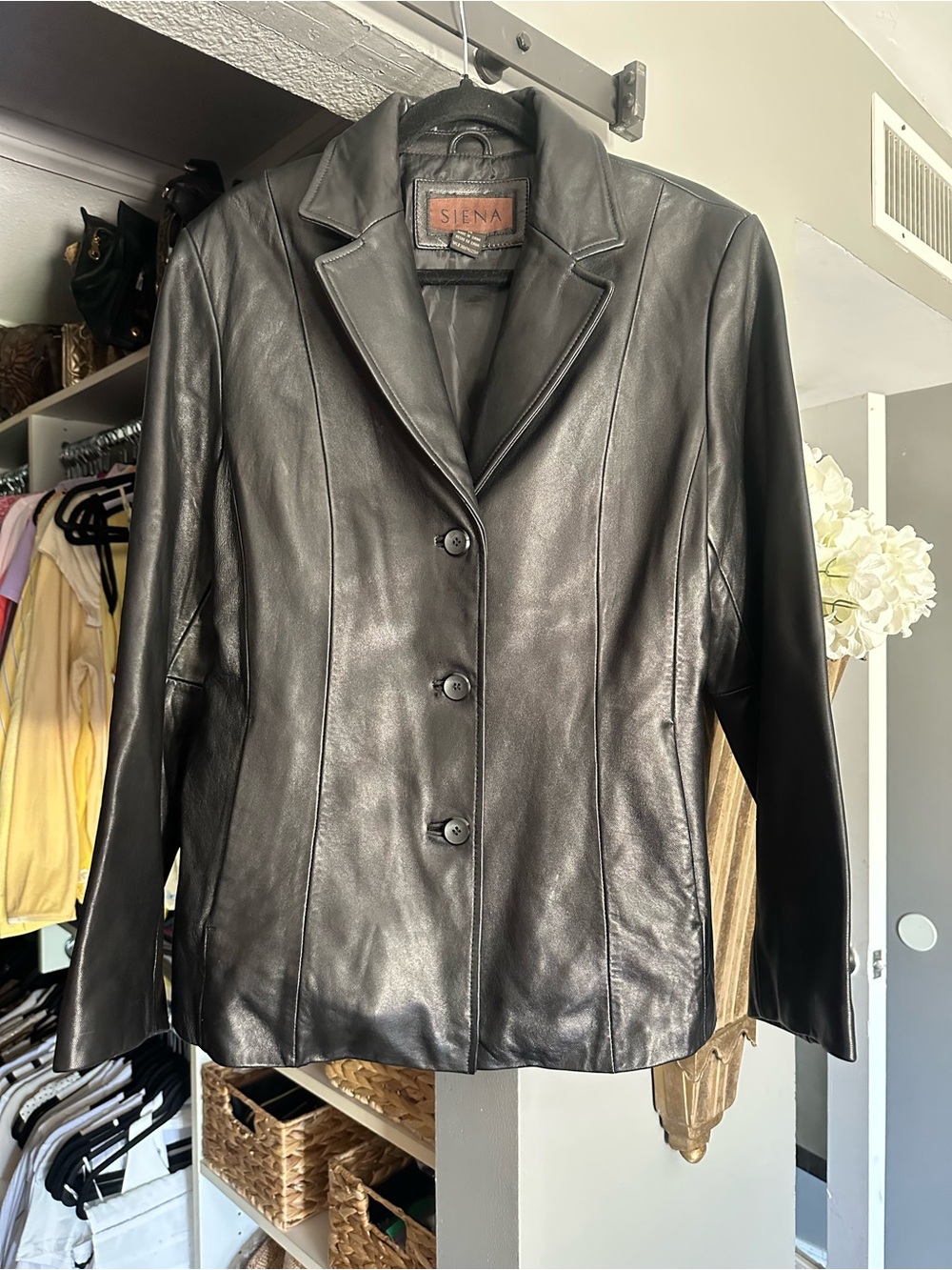 Vintage Black Genuine Leather Blazer Jacket Women’s Size 14 Minimalist 90s